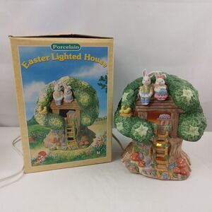 Vintage Porcelain Easter Bunny Village Light Up Tree House 7" Light Included